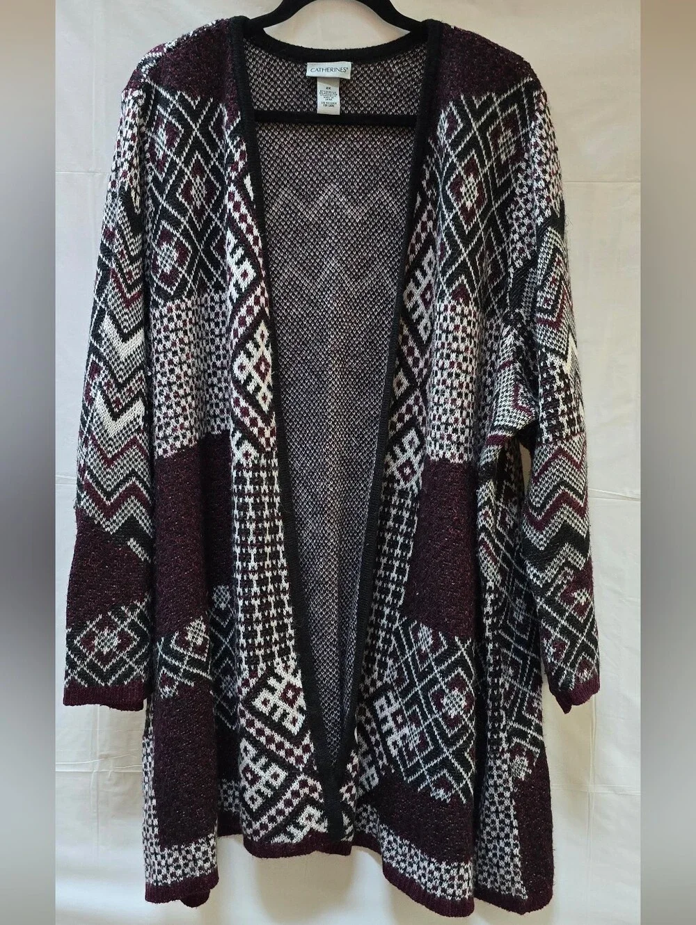 Catherines 2X Geometric Open Front Cardigan Burgundy Black Metallic Plus Size